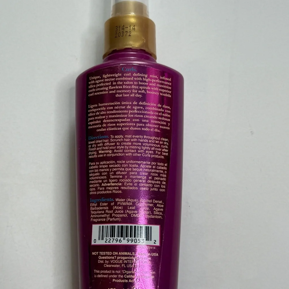 Proganix Curls Scrunch Finish Spray & Defrizzant Agave Nectar Silica Hair Care